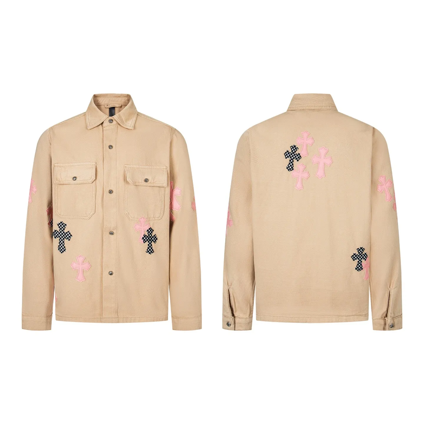 P260 ChromeHearts/Chrome Hearts ch cherry blossom pink checkerboard patchwork leather jacket. If you are obsessed with ChromeHearts, you can check it out. The same style for celebrities. Chrome Hearts is a very representative shirt jacket. The upper body of both men and women is really amazing, and it is the same style as Yu Shuxin and Angelababy! Recommended loose style for girls, super sweet! As soon as you go out, you will turn heads‼ ️This jacket is really eye-catching. Style number: 1717# (same style pants are available) Color: Khaki Size: S M L XL